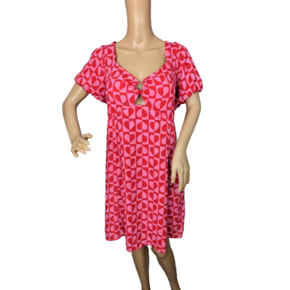 Madden NYC Checkered Pink And Red Heart Balloon Sleeve Dress XXXL